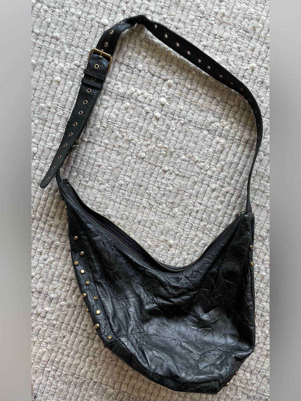 Black Studded Leather Hobo Bag - Women